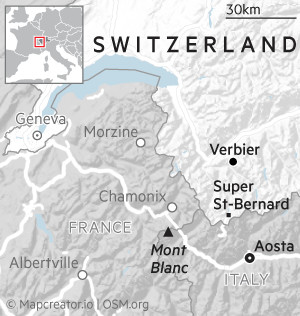 Карта, показывающая местоположение заброшенного Super-Saint-Bernard Ski Resort в Швейцарии