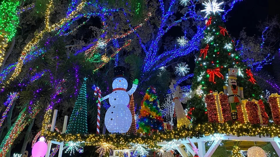 Орландо, Флорида, США - 28.11.2024: Праздничная фигура снеговика и высокая рождественская елка сияют под яркими синими и зелеными огнями. Праздничная сцена на открытом воздухе светится веселыми зимними цветами и